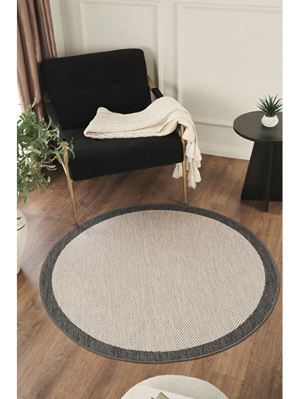 Konfor Halı Sisalux 3088 Gri Antrasit Yuvarlak Sisal Dokuma Jüt Kilim Hav Toz Vermez Mutfak Oda Halısı-80x80