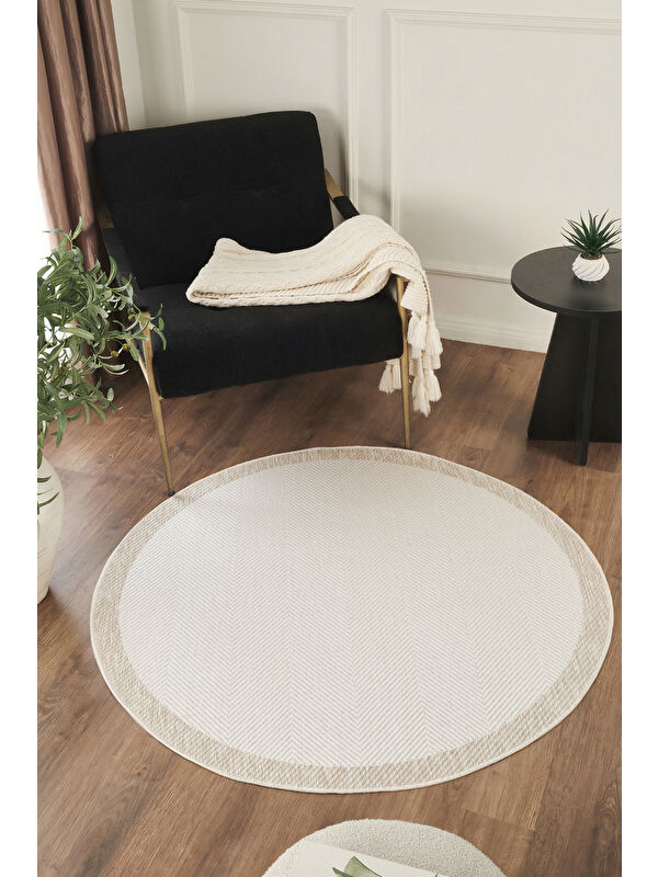 Konfor Halı Sisalux 3084 Krem Bej Yuvarlak Sisal Dokuma Jüt Kilim Hav Toz Vermez Mutfak Oda Halısı-80x80