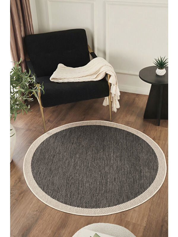 Konfor Halı Sisalux 3089 Antrasit Sisal Yuvarlak Sisal Dokuma Jüt Kilim Hav Toz Vermez Mutfak Oda Halısı-120x120