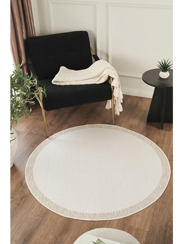 Konfor Halı Sisalux 3084 Krem Bej Yuvarlak Sisal Dokuma Jüt Kilim Hav Toz Vermez Mutfak Oda Halısı-120x120