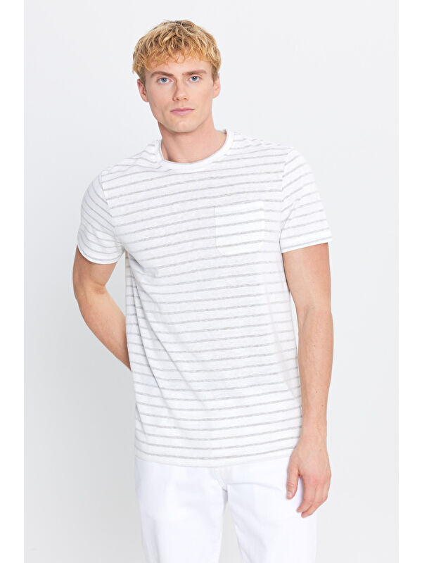 Altınyıldız Classics Erkek Ekru-Haki Pamuklu Slim Fit Dar Kesim Çizgili Cepli Bisiklet Yaka Tişört