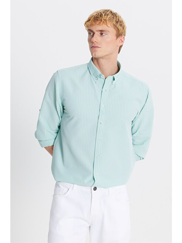 Altınyıldız Classics Erkek Mint Tailored Slim Fit Dar Kesim Düğmeli Yaka Gofre Desenli Gömlek