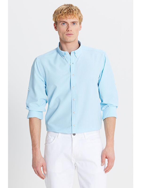 Altınyıldız Classics Erkek Turkuaz Tailored Slim Fit Dar Kesim Düğmeli Yaka Gofre Desenli Gömlek