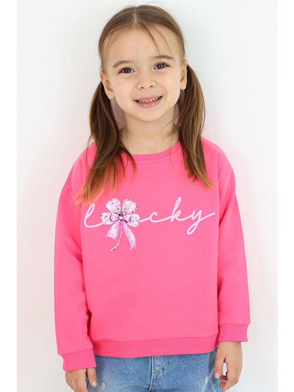 Breeze Kız Çocuk Sweatshirt Fiyonklu Çiçek Baskılı Pembe (2-4 Yaş)