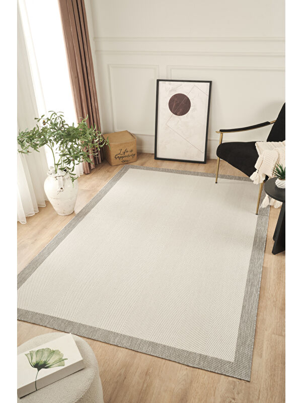 Konfor Halı Sisalux 3086 Beyaz Gri Sisal Dokuma Jüt Kilim Hav Toz Vermez Halı Salon Mutfak Oda Halısı-80x150
