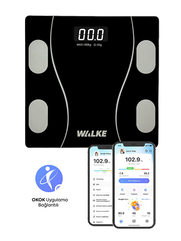 WALKE Premium Uygulama Bağlantılı Akıllı Baskül Siyah