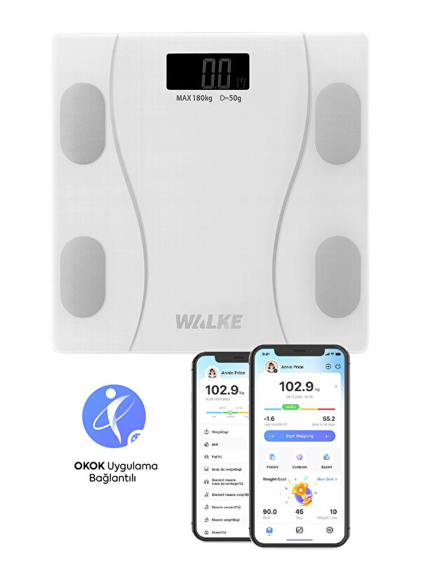 WALKE Premium Uygulama Bağlantılı Akıllı Baskül Beyaz