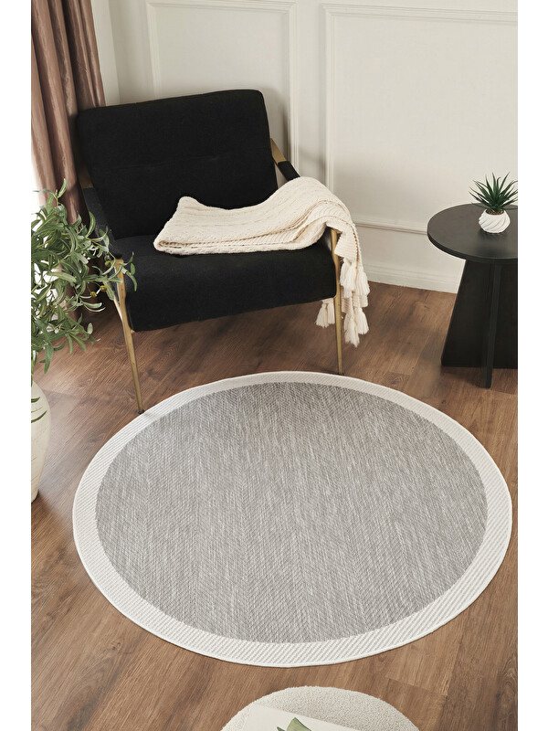Konfor Halı Sisalux 3087 Gri Beyaz Yuvarlak Sisal Dokuma Jüt Kilim Hav Toz Vermez Mutfak Oda Halısı-120x120