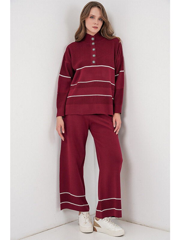 Bigdart Kadın Çizgili Oversize Triko İkili Takım 15957 - Bordo