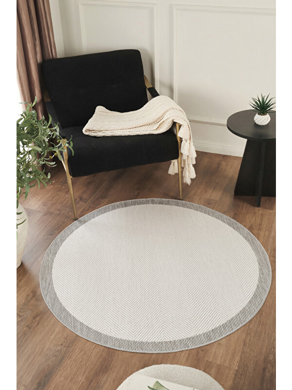 Konfor Halı Sisalux 3086 Beyaz Gri Yuvarlak Sisal Dokuma Jüt Kilim Hav Toz Vermez Mutfak Oda Halısı-120x120