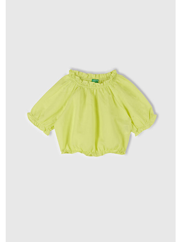 United Colors Of Benetton Kız Çocuk Sarı Keten Karışımlı Büzgü Dikişli Kısa Kollu Bluz