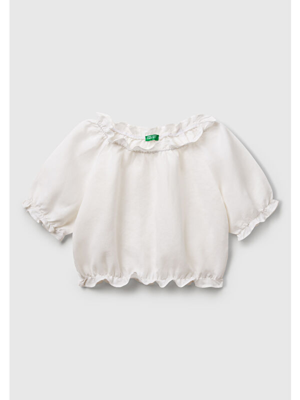 United Colors Of Benetton Kız Çocuk Beyaz Keten Karışımlı Büzgü Dikişli Kısa Kollu Bluz