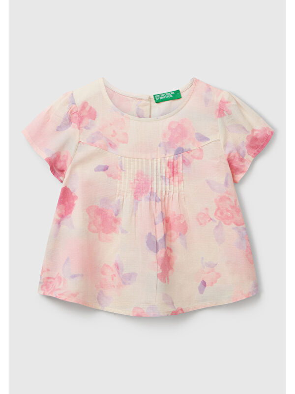 United Colors Of Benetton Kız Çocuk Pembe Mix Tamamı Desenli Arkası Düğmeli Pileli Müslin Bluz