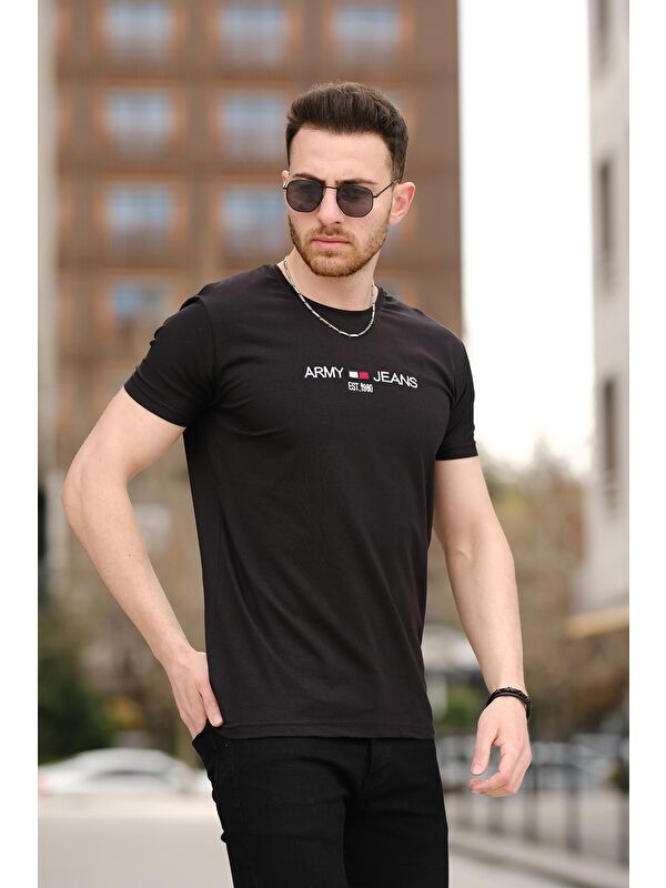 Oksit Army Nakışlı Slim Fit Likralı Erkek Tişört