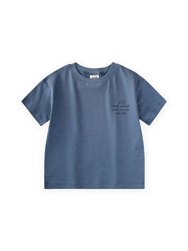 CİGİT Slogan Baskılı T-Shirt 2-10 Yaş İndigo Mavi
