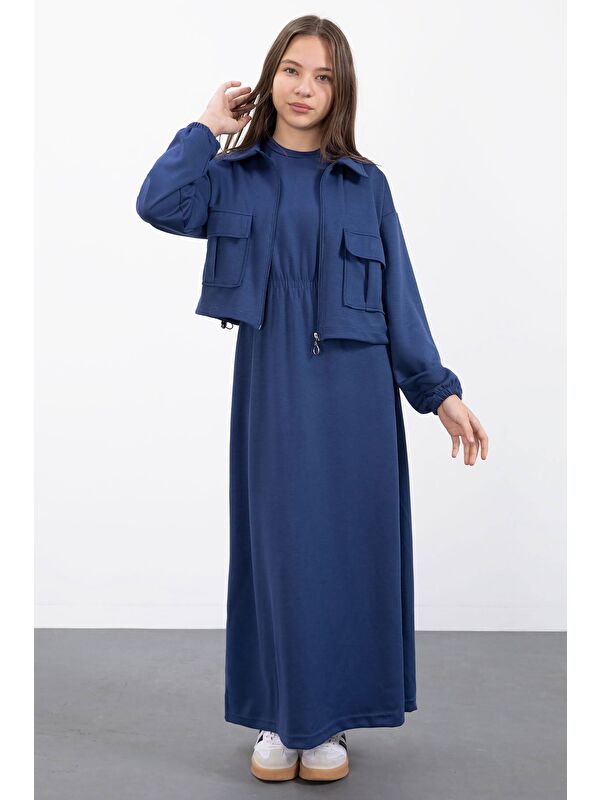 Cansın Mini Lacivert Fermuarlı Crop Ceketli Sıfır Kol Kız Çocuk Elbise Takımı 23410
