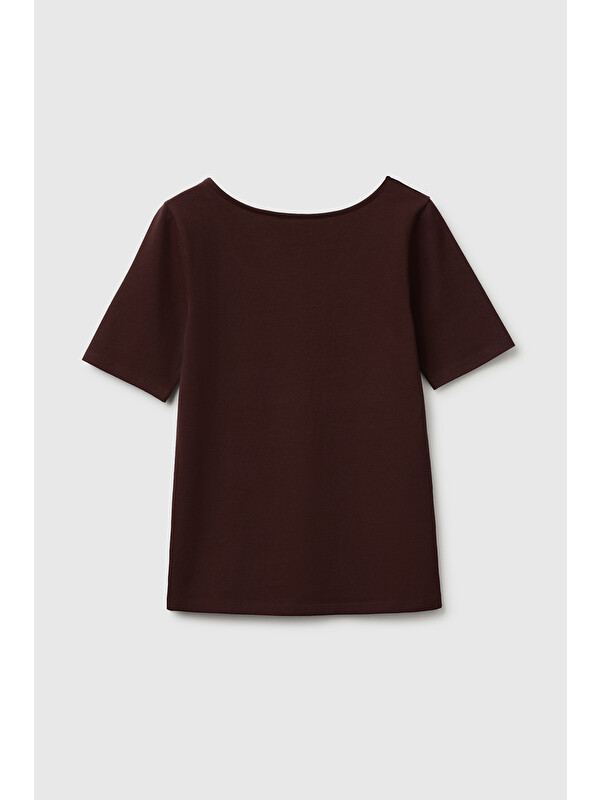 United Colors Of Benetton Kadın Kahverengi Pamuk Karışımlı Örme Slim Fit Geniş Yaka T-Shirt