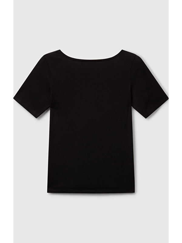 United Colors Of Benetton Kadın Siyah Pamuk Karışımlı Örme Slim Fit Geniş Yaka T-Shirt