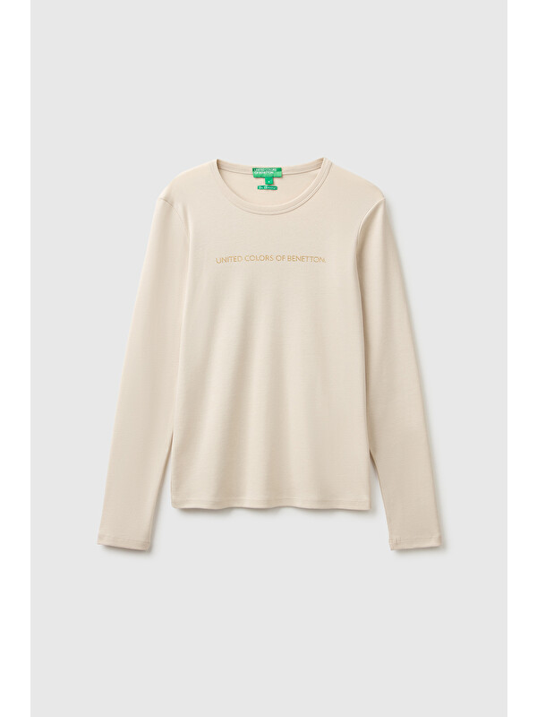 United Colors Of Benetton Kadın Taş %100 Pamuk Regular Fit Ribanalı Uzun Kollu T-Shirt