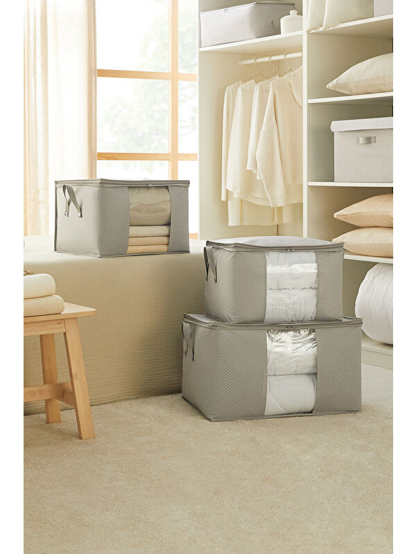 Ocean Home Textile 3'lü Pvc Pencereli Gri Balıksırtı Hurç Set
