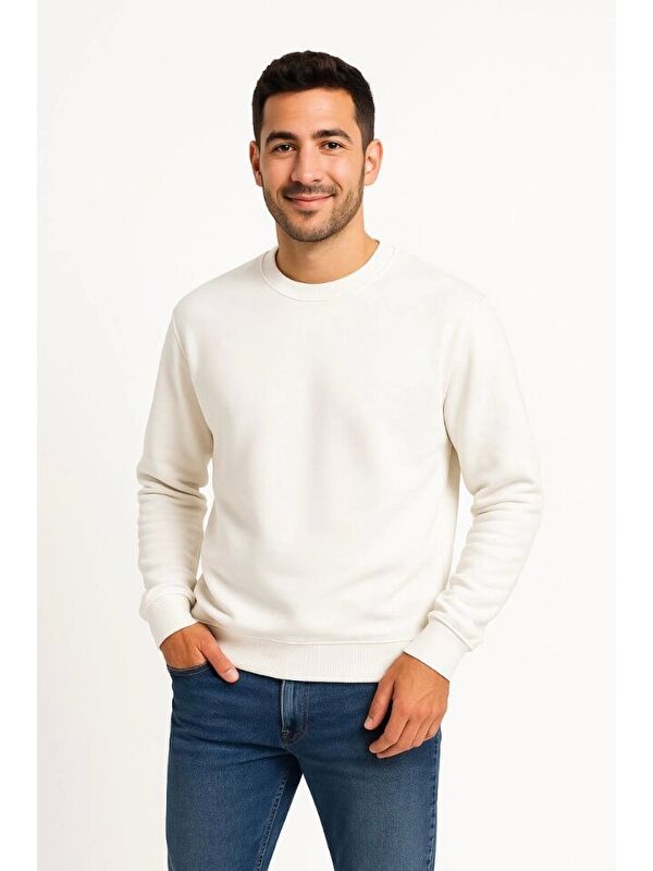 Jane's Erkek Üç İplik Düz Bisiklet Yaka Sweatshirt - Beyaz