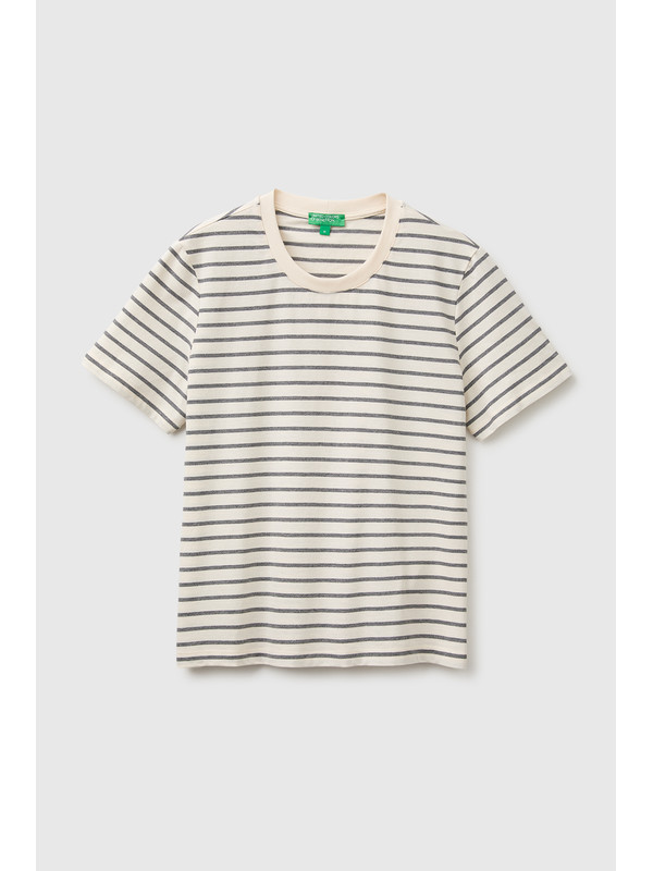 United Colors Of Benetton Kadın Krem %100 Pamuk Çizgili Kısa Kollu T-Shirt