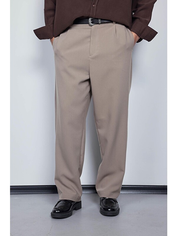 Abluka Online Erkek Baggy Fit Kumaş Pantolon Bej