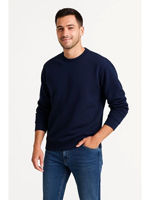 Jane's Erkek Üç İplik Düz Bisiklet Yaka Sweatshirt - Lacivert