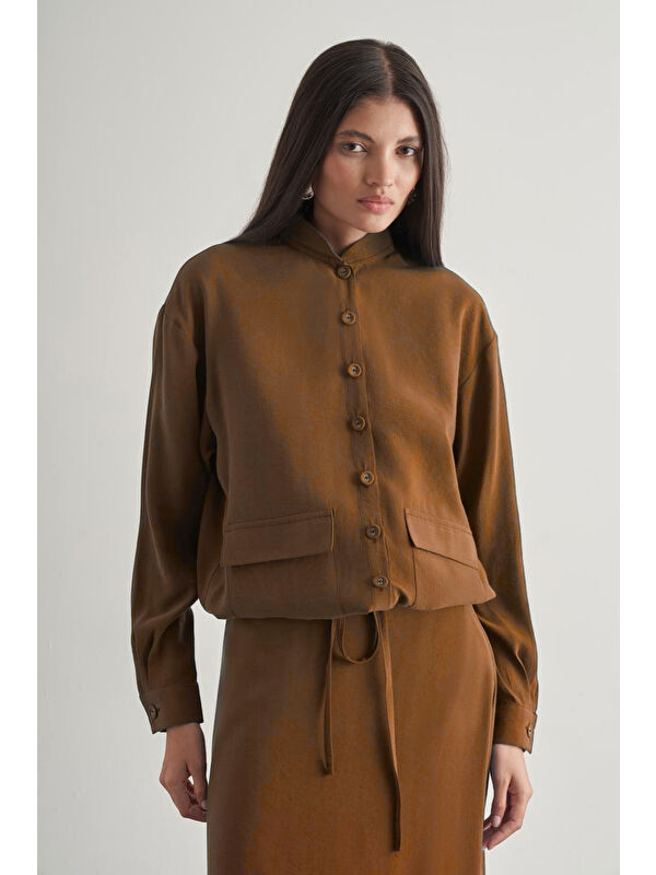 Mizalle Taba İp Büzgülü Torba Cepli Modal Karışımlı Camel Ceket
