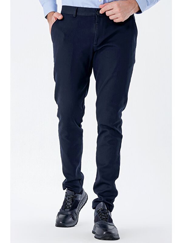 İMZA Koyu Lacivert Pamuklu Yandan Cepli Casual Slim Fit Chino Pantolon 1003235120