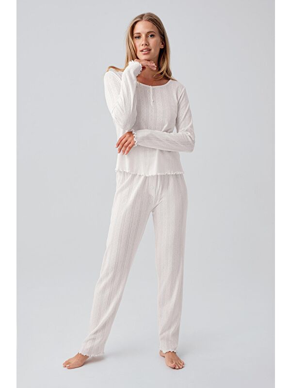 Artış Uzun Kollu Ajurlu Düğmeli Esnek Pamuklu Pijama Takım 18213