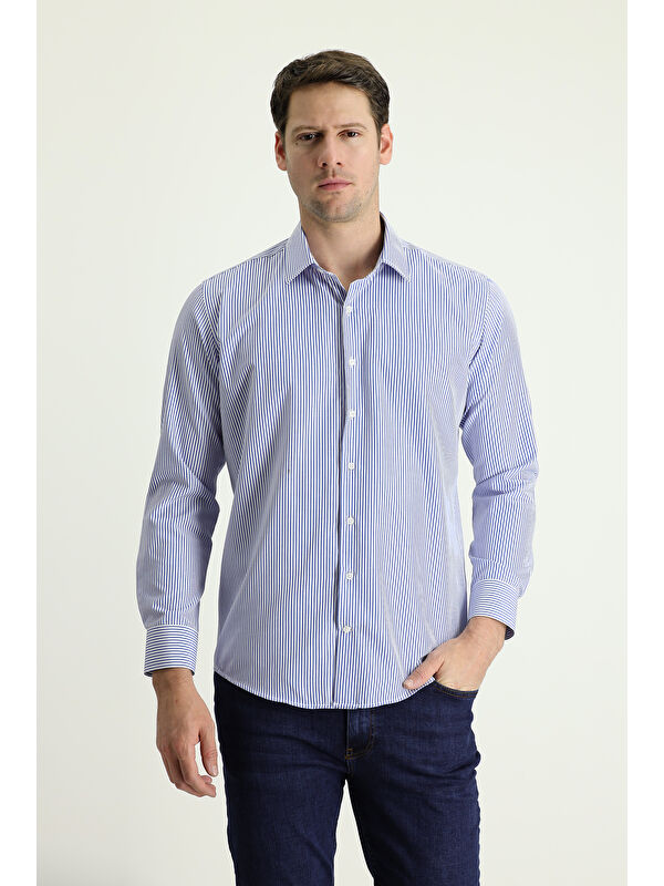 Kiğılı Uzun Kol Slim Fit Dar Kesim Çizgili Pamuklu Gömlek