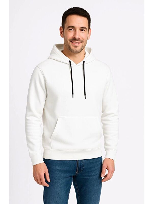 Jane's Erkek Üç İplik Kapüşonlu Kanguru Cepli Sweashirt Hoodie - Beyaz