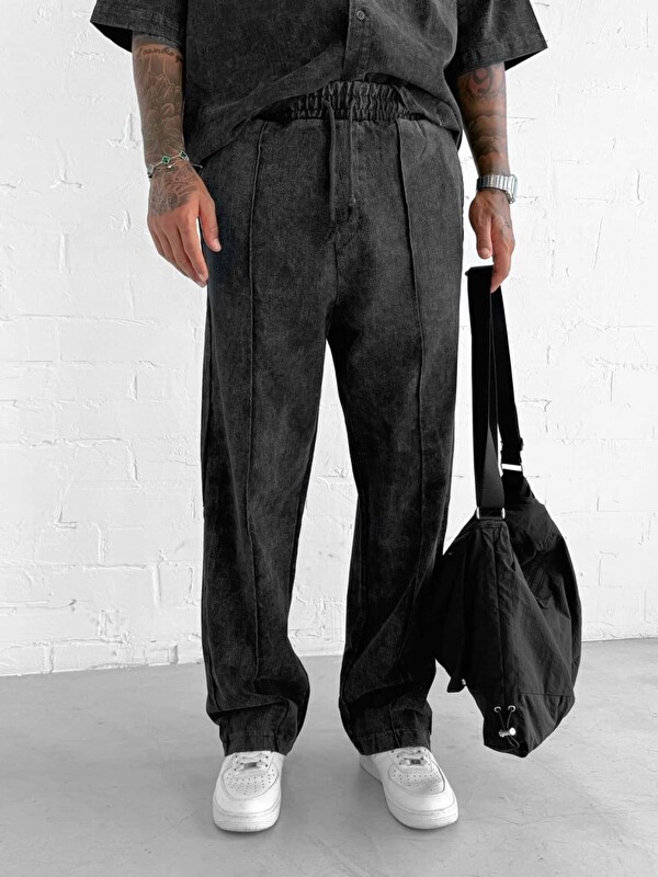 Abluka Online Erkek Baggy Fit Yıkamalı Beli Lastikli Pantolon Siyah