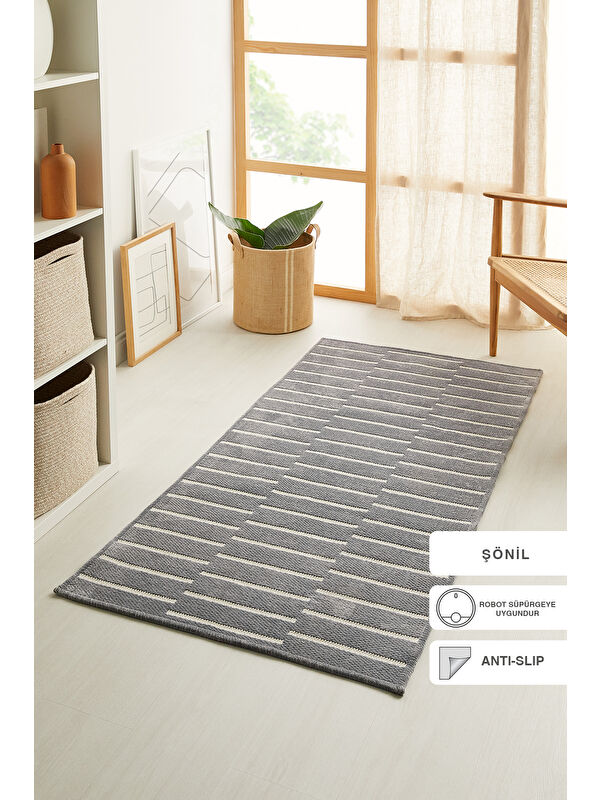 Ocean Home Textile Gri Renk Çizgi Desenli Şönil Halı Kilim 80 x 150 cm