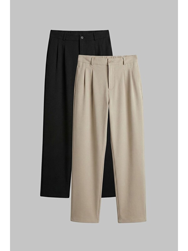 Abluka Online Erkek Baggy Fit 2'Li Kumaş Pantolon Siyah Bej