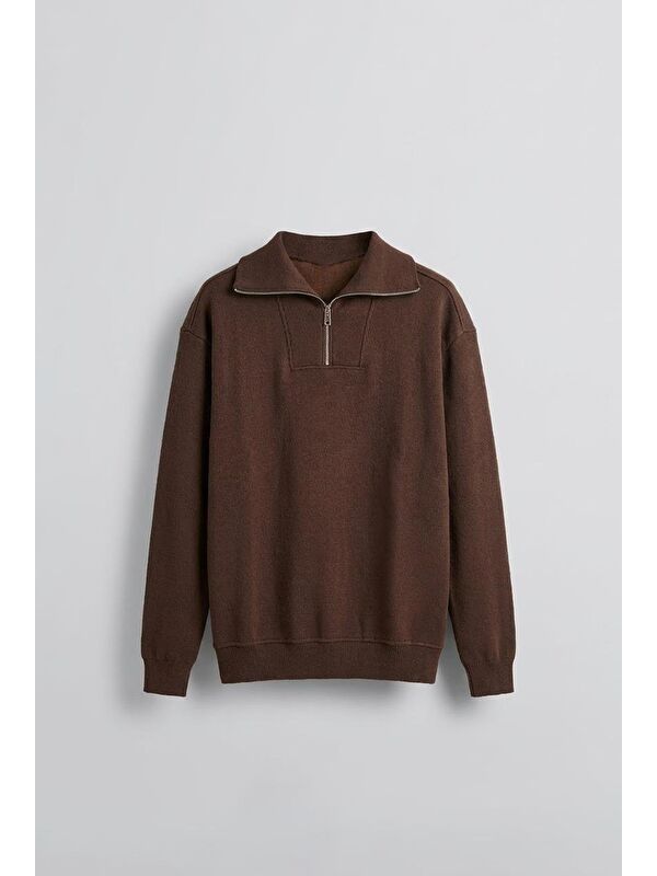 Abluka Online Erkek Oversize Dik Yaka Yarım Fermuarlı Sweatshirt Kahve