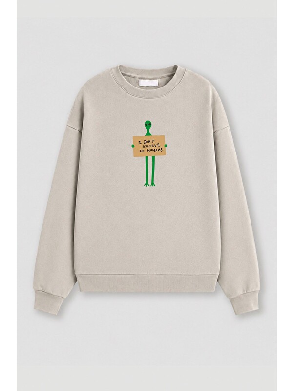 Monila Kadın Premium Kumaş 3 İplik Şardonlu Uzaylı Baskılı Sweatshirt