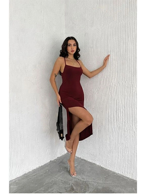 eka Kadın Bordo Uzun Sırt Dekolte Elbise 3708