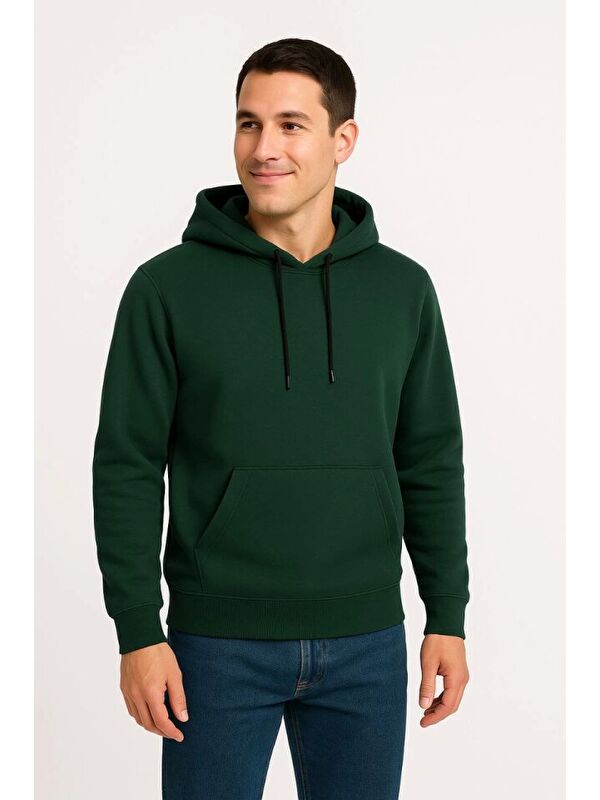 Jane's Erkek Üç İplik Kapüşonlu Kanguru Cepli SweatShirt Hoodie - Haki