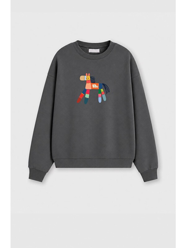 Monila Kadın Premium Kumaş 3 İplik Şardonlu At Baskılı Sweatshirt