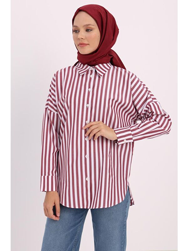 ALLDAY Bordo-Beyaz-Oversize Basic Gömlek