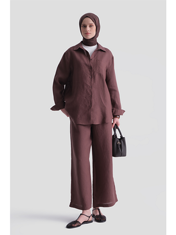 ARMİNE Keten Oversize Tunik Kahverengi