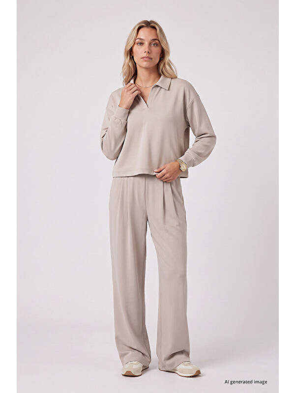Tommylife Bej Polo Yaka Rahat Form Geniş Paça Kadın Eşofman Takım - 95358