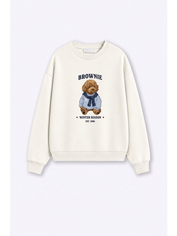 Monila Kadın Premium Kumaş 3 İplik Şardonlu Ayıcık Baskılı Sweatshirt