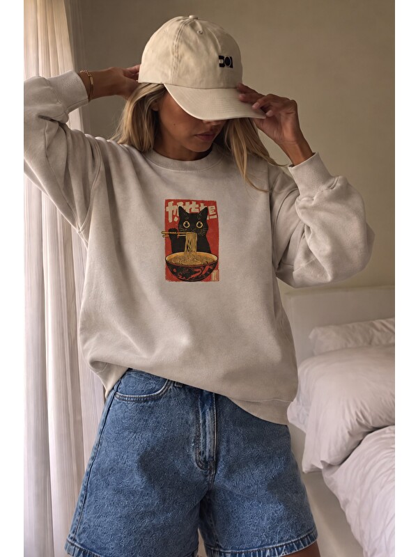 Monila Kadın Premium Kumaş 3 İplik Şardonlu Noodle Baskılı Sweatshirt