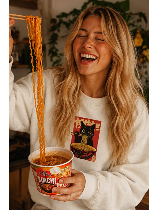 Monila Kadın Premium Kumaş 3 İplik Şardonlu Noodle Baskılı Sweatshirt
