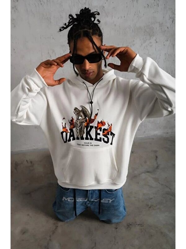 Jane's Erkek Oversize Kapüşonlu Sweatshirt – Beyaz Renk Üç İplik İçi Pamuklu Kanguru Cepli Baskılı Hoodie R