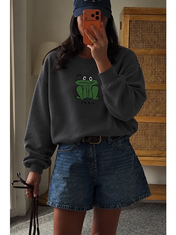 Monila Kadın Premium Kumaş 3 İplik Şardonlu Kurbağa Baskılı Sweatshirt