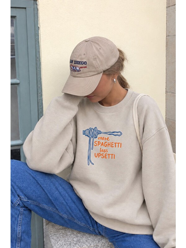 Monila Kadın Premium Kumaş 3 İplik Şardonlu Spagetti Baskılı Sweatshirt
